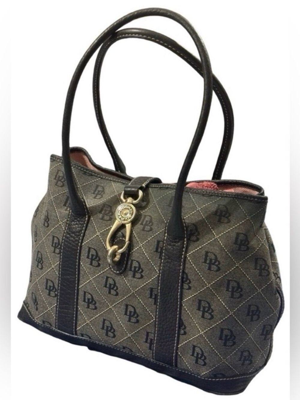 Dooney & Bourke DB Monogram Canvas Tote Black Leather Trim Lock